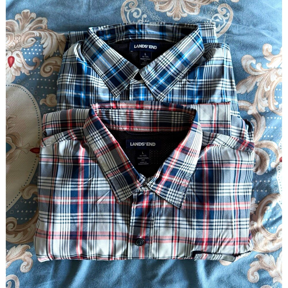 Lands' End Men's Lot 2 Size L Traditional Fit Plaid Hiking Shirts